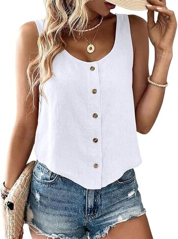 Kinghua Linen Tank Tops for Women Spring Summer Beach Casual Scoop Neck Sleeveless Button Down Blouse Crop Shirts Vest Top in Saudi Arabia
