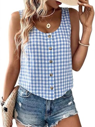 Kinghua Linen Tank Tops for Women Spring Summer Beach Casual Scoop Neck Sleeveless Button Down Blouse Crop Shirts Vest Top in Saudi Arabia
