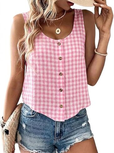Kinghua Linen Tank Tops for Women Spring Summer Beach Casual Scoop Neck Sleeveless Button Down Blouse Crop Shirts Vest Top in Saudi Arabia