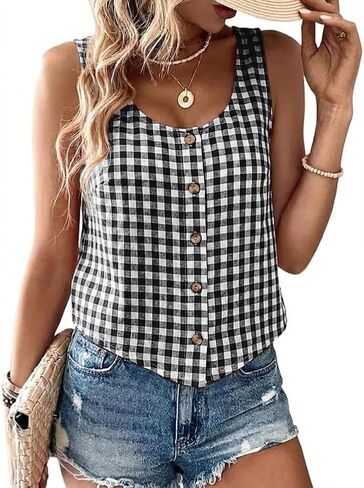 Kinghua Linen Tank Tops for Women Spring Summer Beach Casual Scoop Neck Sleeveless Button Down Blouse Crop Shirts Vest Top in Saudi Arabia