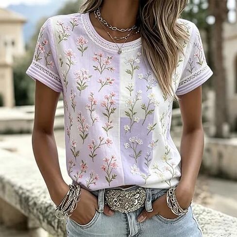 Vintage Style Floral Blouse with Contrast Lace Trim, Relaxed Fit in Kuwait