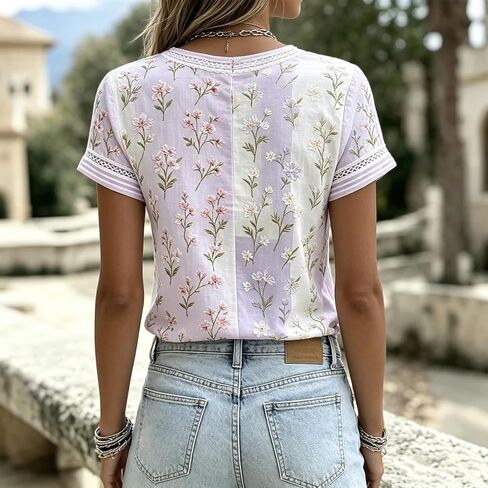 Vintage Style Floral Blouse with Contrast Lace Trim, Relaxed Fit in Kuwait