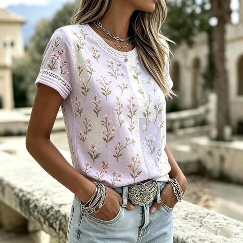 Vintage Style Floral Blouse with Contrast Lace Trim, Relaxed Fit in Kuwait