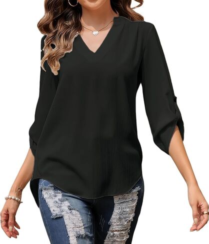 INFITTY Chiffon Blouses for Women 3/4 Length Sleeve Top Trendy V Neck Blouses Dressy Cute Casual Shirts in Saudi Arabia