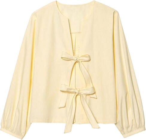 SHENHE Women's Bow Tie Front Top V Neck Long Sleeve Blouse Dressy Casual Going Out Coquette Shirt in Kuwait