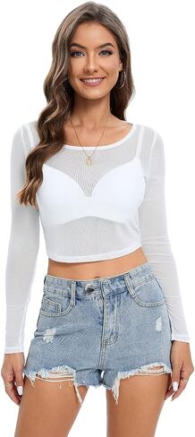 Women Mesh Crop Top Sheer Long Sleeve Slim See Through Shirt Sexy Blouse Short Waist Cinching Top in Saudi Arabia