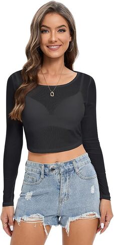 Women Mesh Crop Top Sheer Long Sleeve Slim See Through Shirt Sexy Blouse Short Waist Cinching Top in Saudi Arabia