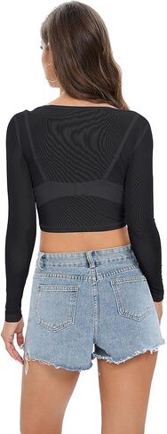 Women Mesh Crop Top Sheer Long Sleeve Slim See Through Shirt Sexy Blouse Short Waist Cinching Top in Saudi Arabia