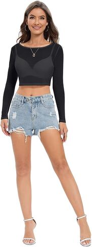 Women Mesh Crop Top Sheer Long Sleeve Slim See Through Shirt Sexy Blouse Short Waist Cinching Top in Saudi Arabia
