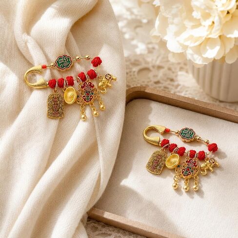 LOGOFUN 2pcs Red String Pregnancy Protection Brooch Baby Safety Lapel Pin | for Clothes Locking Closure Scarf Fixing Headscarf Decoration in Kuwait