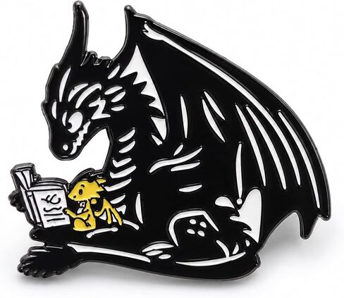 1Pcs Black Dragon Reading Enamel Pin for Fantasy Book Lovers | Black dragon reading with a hatchling—smooth enamel metal accent for book lovers, fantasy fans, jackets, bags, and hats. in Saudi Arabia