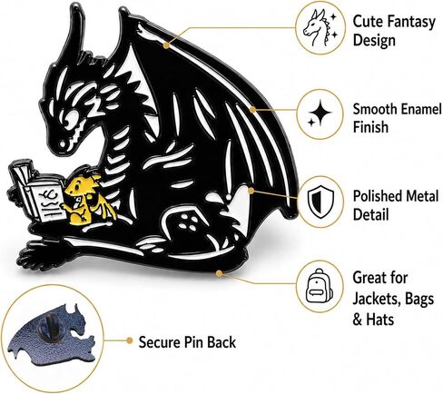1Pcs Black Dragon Reading Enamel Pin for Fantasy Book Lovers | Black dragon reading with a hatchling—smooth enamel metal accent for book lovers, fantasy fans, jackets, bags, and hats. in Saudi Arabia