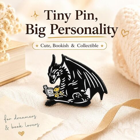 1Pcs Black Dragon Reading Enamel Pin for Fantasy Book Lovers | Black dragon reading with a hatchling—smooth enamel metal accent for book lovers, fantasy fans, jackets, bags, and hats. in Saudi Arabia