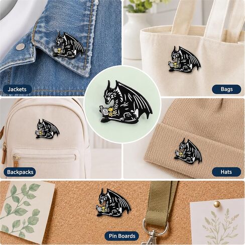 1Pcs Black Dragon Reading Enamel Pin for Fantasy Book Lovers | Black dragon reading with a hatchling—smooth enamel metal accent for book lovers, fantasy fans, jackets, bags, and hats. in Saudi Arabia