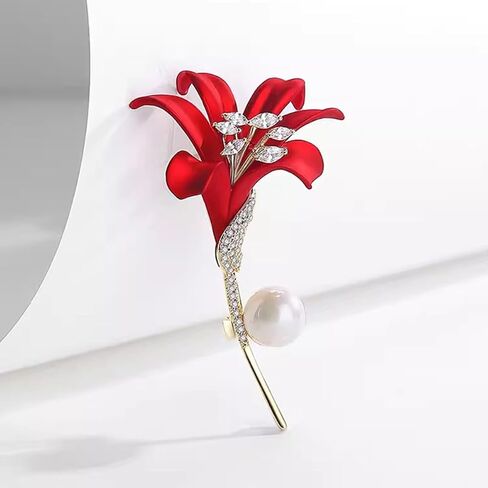 Red Lily Flower Brooch, Simulated Pearl Lapel Pin Elegant Crystal Inlaid Jewelry Brooches for Women Wedding Suit in Kuwait
