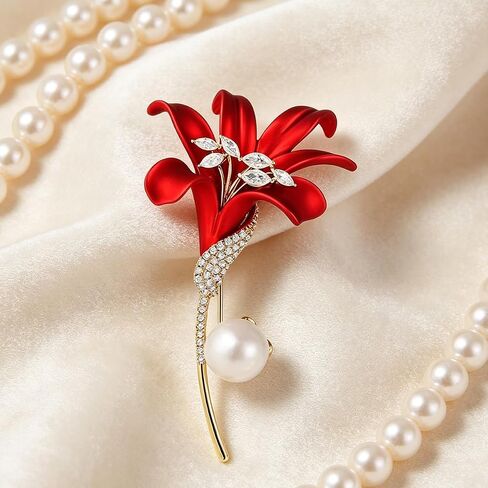 Red Lily Flower Brooch, Simulated Pearl Lapel Pin Elegant Crystal Inlaid Jewelry Brooches for Women Wedding Suit in Kuwait