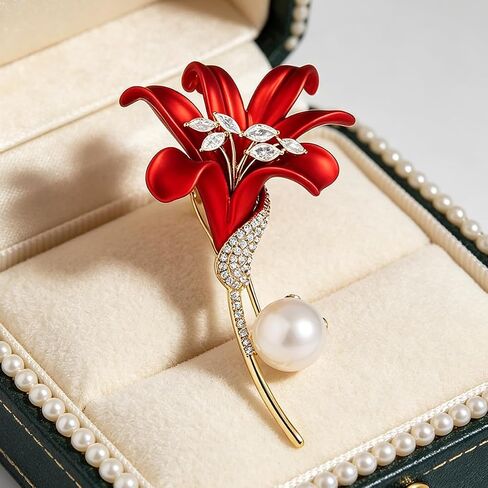 Red Lily Flower Brooch, Simulated Pearl Lapel Pin Elegant Crystal Inlaid Jewelry Brooches for Women Wedding Suit in Kuwait