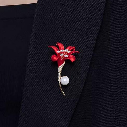 Red Lily Flower Brooch, Simulated Pearl Lapel Pin Elegant Crystal Inlaid Jewelry Brooches for Women Wedding Suit in Kuwait