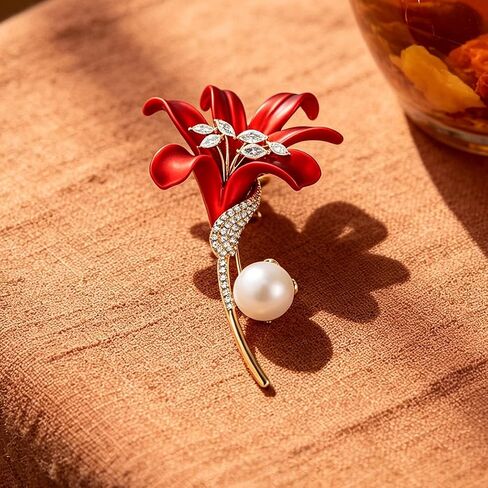 Red Lily Flower Brooch, Simulated Pearl Lapel Pin Elegant Crystal Inlaid Jewelry Brooches for Women Wedding Suit in Kuwait