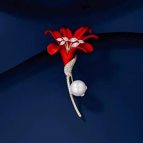 Red Lily Flower Brooch, Simulated Pearl Lapel Pin Elegant Crystal Inlaid Jewelry Brooches for Women Wedding Suit in Kuwait