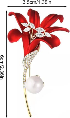 Red Lily Flower Brooch, Simulated Pearl Lapel Pin Elegant Crystal Inlaid Jewelry Brooches for Women Wedding Suit in Kuwait