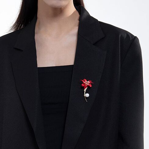 Red Lily Flower Brooch, Simulated Pearl Lapel Pin Elegant Crystal Inlaid Jewelry Brooches for Women Wedding Suit in Kuwait