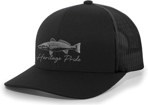 Heritage Pride Freshwater Fish Lake Fishing Silhouette Script Mens Embroidered Mesh Back Trucker Hat Baseball Cap in Saudi Arabia