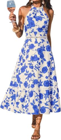 CUPSHE Women's Summer Halter Midi Dress Sleeveless Cutout Waist Smocked Back Dress Vacation Beach Tiered Flowy Long Dress in Kuwait