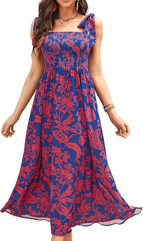 BROVAVE Women Summer Floral Dress: Casual Square Neck Flowy Boho Beach Midi Sundress Sleeveless Tie Shoulder Vacation Daily in Saudi Arabia