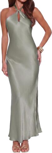 Gmeitoey 2026 Women's Satin Maxi Dress Halter Neck Backless Sleeveless Slit Elegant Formal Bridesmaid Wedding Guest Dresses in Saudi Arabia