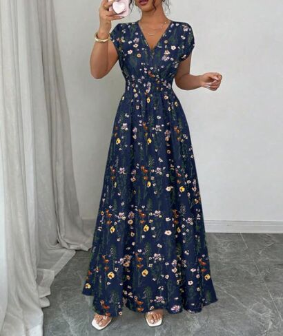 Women's Summer Floral Maxi Dress V Neck Short Sleeve Tie Back Smocked Waist Boho Long Dress for Wedding Guest Beach Vacation in Kuwait
