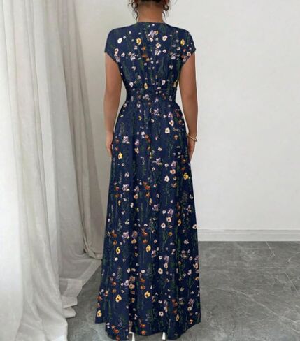 Women's Summer Floral Maxi Dress V Neck Short Sleeve Tie Back Smocked Waist Boho Long Dress for Wedding Guest Beach Vacation in Kuwait
