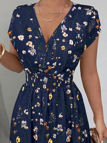 Women's Summer Floral Maxi Dress V Neck Short Sleeve Tie Back Smocked Waist Boho Long Dress for Wedding Guest Beach Vacation in Kuwait