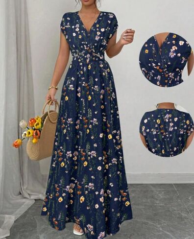 Women's Summer Floral Maxi Dress V Neck Short Sleeve Tie Back Smocked Waist Boho Long Dress for Wedding Guest Beach Vacation in Kuwait