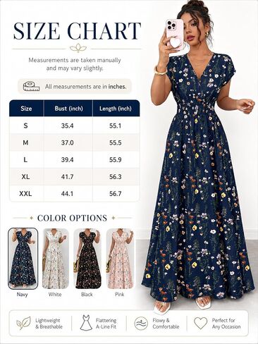 Women's Summer Floral Maxi Dress V Neck Short Sleeve Tie Back Smocked Waist Boho Long Dress for Wedding Guest Beach Vacation in Kuwait
