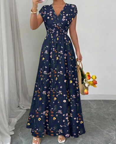 Women's Summer Floral Maxi Dress V Neck Short Sleeve Tie Back Smocked Waist Boho Long Dress for Wedding Guest Beach Vacation in Kuwait