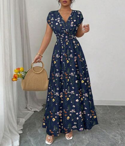 Women's Summer Floral Maxi Dress V Neck Short Sleeve Tie Back Smocked Waist Boho Long Dress for Wedding Guest Beach Vacation in Kuwait