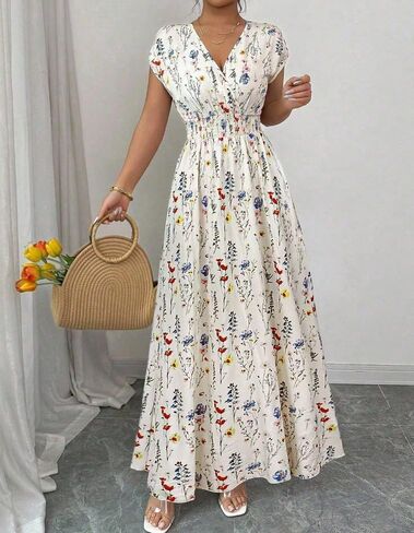 Women's Summer Floral Maxi Dress V Neck Short Sleeve Tie Back Smocked Waist Boho Long Dress for Wedding Guest Beach Vacation in Kuwait
