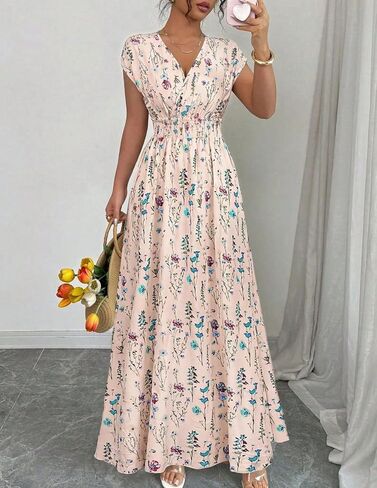 Women's Summer Floral Maxi Dress V Neck Short Sleeve Tie Back Smocked Waist Boho Long Dress for Wedding Guest Beach Vacation in Kuwait