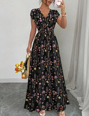 Women's Summer Floral Maxi Dress V Neck Short Sleeve Tie Back Smocked Waist Boho Long Dress for Wedding Guest Beach Vacation in Kuwait