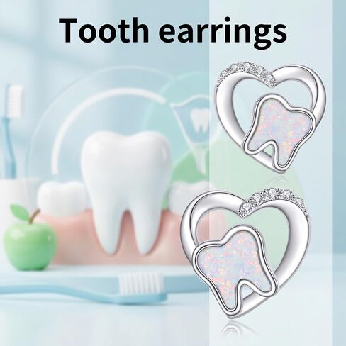 Tooth Stud Earrings 18k White Gold Opal Teeth Earrings Tooth Jewelry For Women Female Dentist Gift in Saudi Arabia