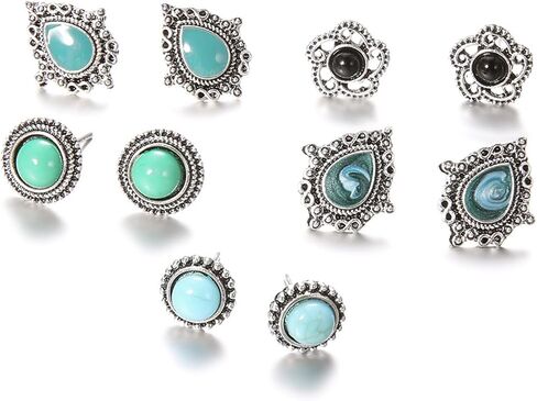 Turquoise Stud Earrings Set for Women Vintage Western Cowgirl Teardrop Round Turquoise Earrings Bohemian Geometric Studs West Country Statement Jewelry Gifts in Saudi Arabia