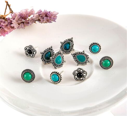 Turquoise Stud Earrings Set for Women Vintage Western Cowgirl Teardrop Round Turquoise Earrings Bohemian Geometric Studs West Country Statement Jewelry Gifts in Saudi Arabia
