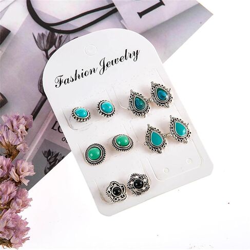 Turquoise Stud Earrings Set for Women Vintage Western Cowgirl Teardrop Round Turquoise Earrings Bohemian Geometric Studs West Country Statement Jewelry Gifts in Saudi Arabia
