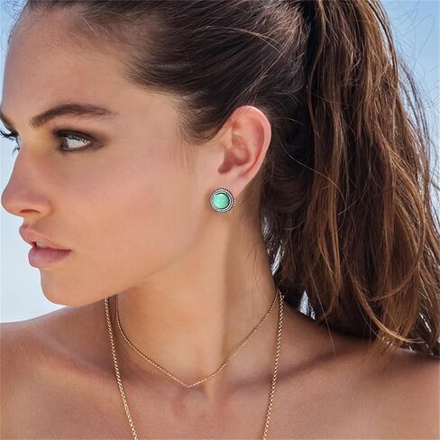 Turquoise Stud Earrings Set for Women Vintage Western Cowgirl Teardrop Round Turquoise Earrings Bohemian Geometric Studs West Country Statement Jewelry Gifts in Saudi Arabia