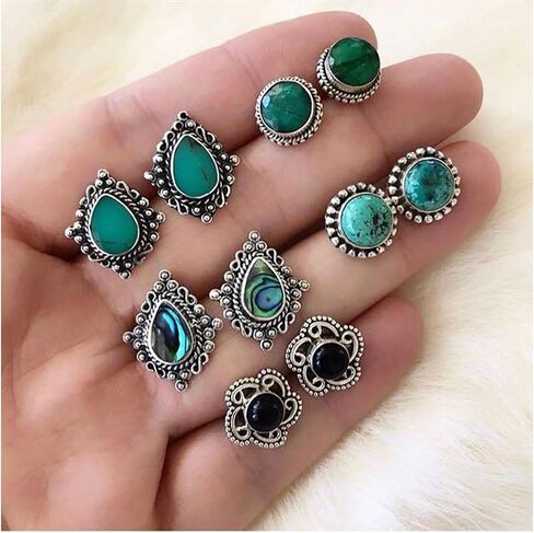 Turquoise Stud Earrings Set for Women Vintage Western Cowgirl Teardrop Round Turquoise Earrings Bohemian Geometric Studs West Country Statement Jewelry Gifts in Saudi Arabia