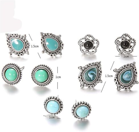 Turquoise Stud Earrings Set for Women Vintage Western Cowgirl Teardrop Round Turquoise Earrings Bohemian Geometric Studs West Country Statement Jewelry Gifts in Saudi Arabia