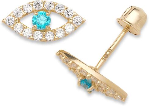 Jewelryweb الصلبة 14K الذهب الأزرق والشفاف مكعب زركونيا عين الشر المسمار الخلفي أقراط للنساء، لا تسبب الحساسية in Kuwait