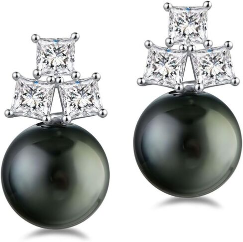 Lunar Belle Black Tahitian Pearl Earrings with Moissanite Accents in 925 Sterling Silver, Timeless Fine Jewelry Gifts for Women (Ocean's Embrace) in Saudi Arabia