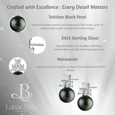 Lunar Belle Black Tahitian Pearl Earrings with Moissanite Accents in 925 Sterling Silver, Timeless Fine Jewelry Gifts for Women (Ocean's Embrace) in Saudi Arabia